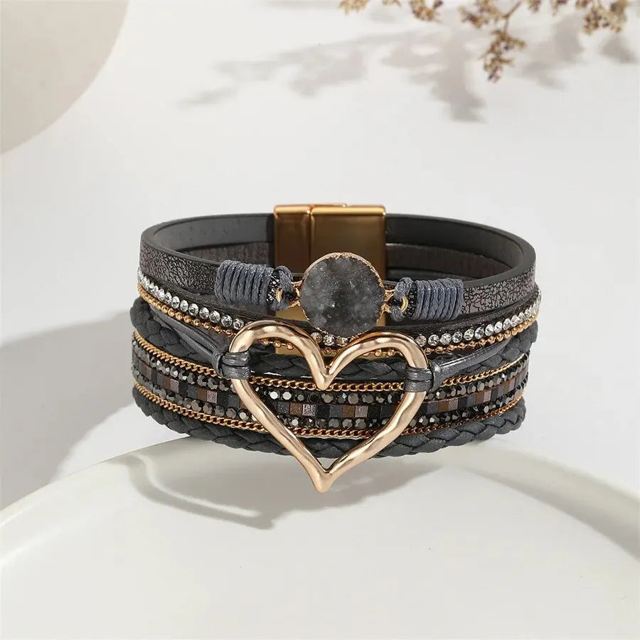 Women Leather Heart Charm Bracelet Rhinestone Wrap - Smarsty