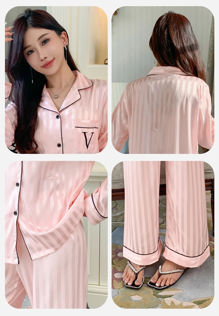 Women's Ice Silk Pajama Set Long Sleeve Long Pants Lightweight Sleepwear for Spring And Autumn Comfortable Homewear Pj Set - Smarsty