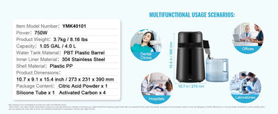 SucceBuy Water Distiller 4L 1.05 Gallon Pure Water Purifier Filter Countertop 750W Distilled Water MakerInterior Distiller
