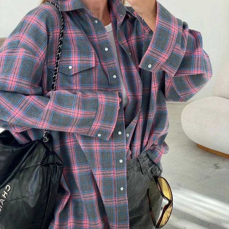 Oversized Plaid Shirt Autumn Winter Women Vintage Long Sleeve Fashion Loose Lapel Pocket Shirt Fit Blouse Korean Style - Smarsty