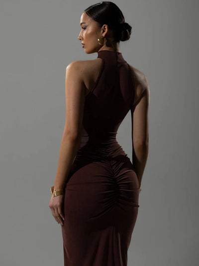 Mozision Halter Ruched Sleeveless Sexy Maxi Dress Women Gown Fashion Slim High Waist Evening Club Party Split Long Dress - Smarsty