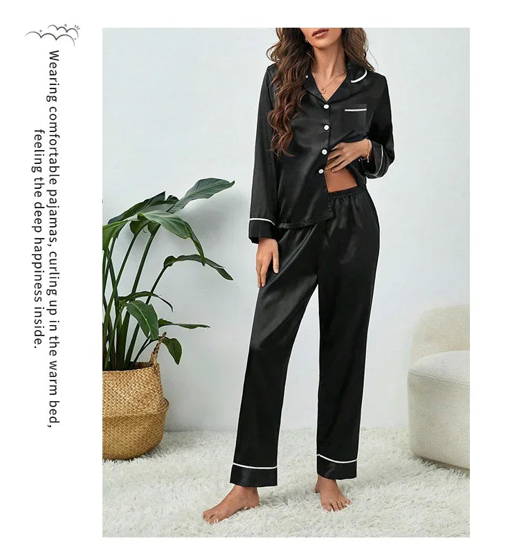 Plus Size Autumn and Winter Silk Pajamas Women Tops and Pants Solid Casual Soft Nightwear Buttons Cardigan Sleepwear Homewear - Smarsty