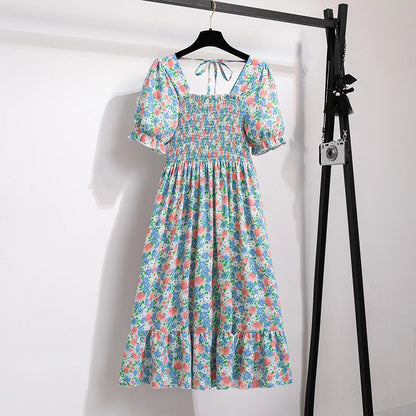Summer Pleated Women Chiffon Dresses Casual Beach Holiday Short Sleeve Square Collar Woman Midi Dress Bohemian Mujer Vestidos - Smarsty