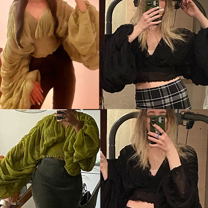 Women Sexy Chiffon Short Blouse Female See Through Super Long Sleeve Blusas Purple/Green/Black/White Folds Party Tops 2022 New - Smarsty