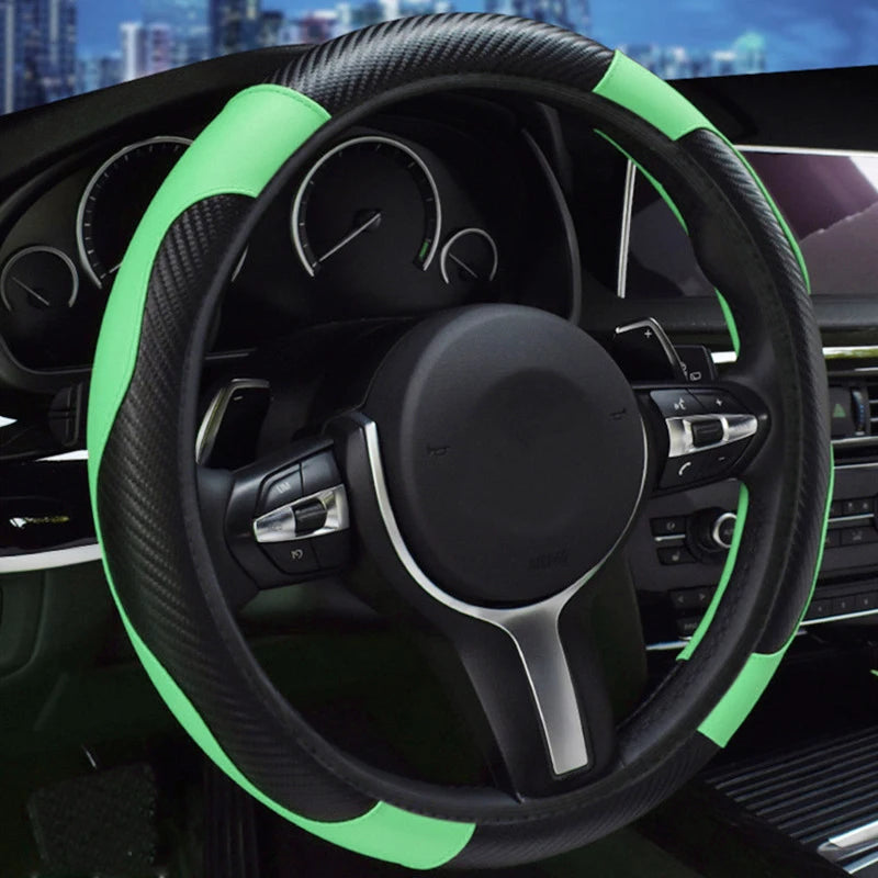 Carbon fiber pattern PU leather steering wheel cover with no inner ring design, full elasticity, anti slip and wear-resistant, m