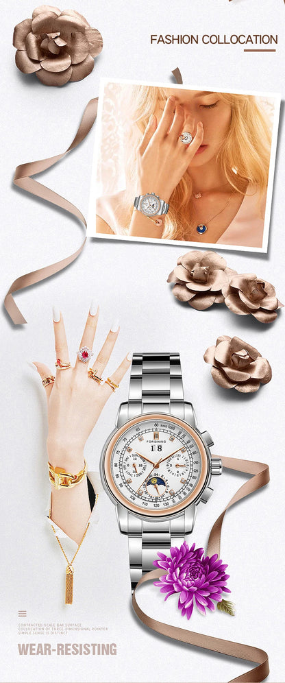 Luxury Women's Automatic Mechanical Wrist Watch with Diamond Moon Phase - Smarsty
