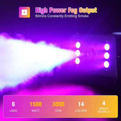 U'King 1500W Smoke Machine RGB 6 LED Fog Machine with Remote Control for DJ Disco Party Christmas Stage Effect Fogger Machine