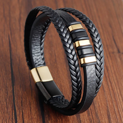 Men's Leather Charm Bracelet Stainless Steel Magnetic Clasp - Smarsty