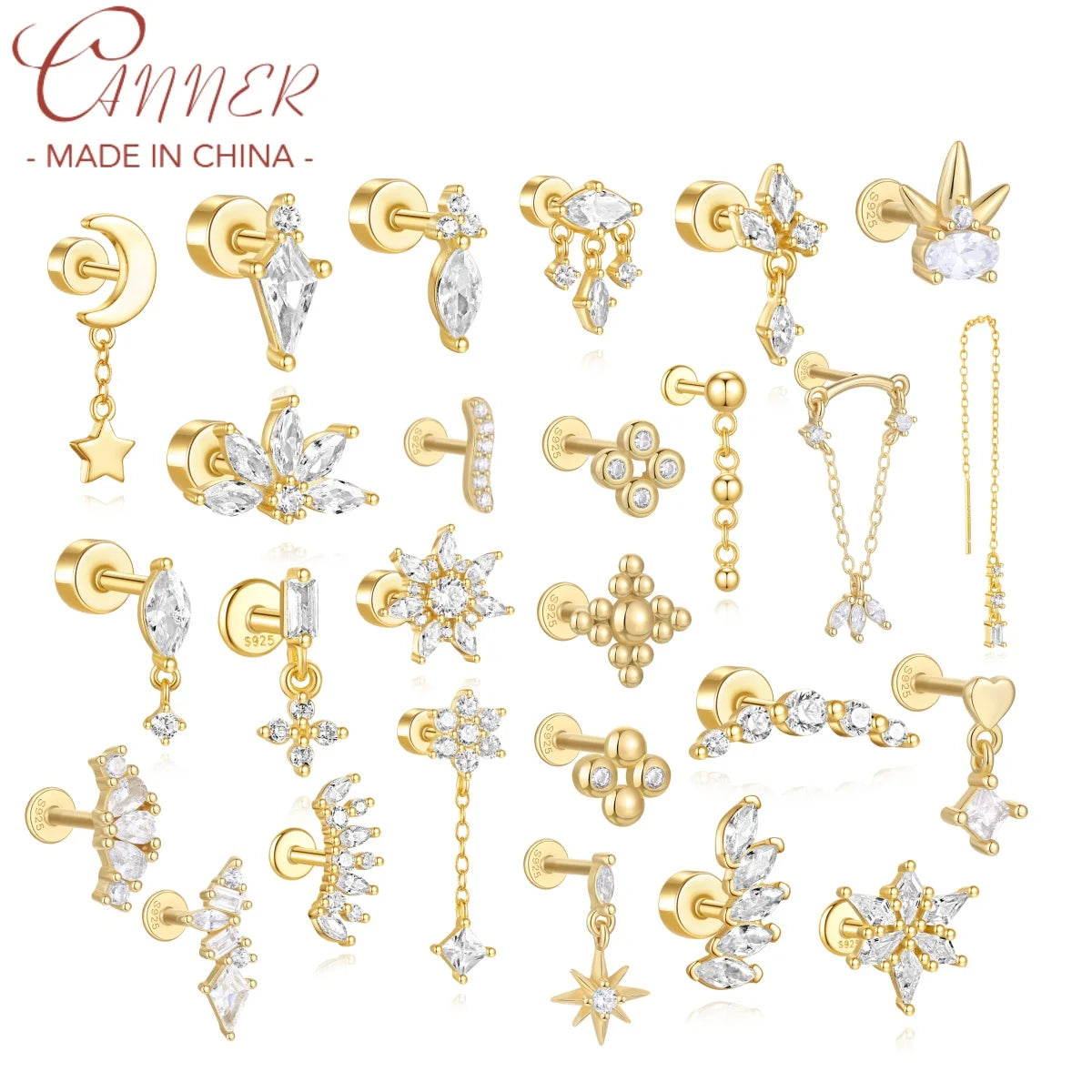 925 Silver Star Moon Zircon Stud Earrings Hypoallergenic - Smarsty