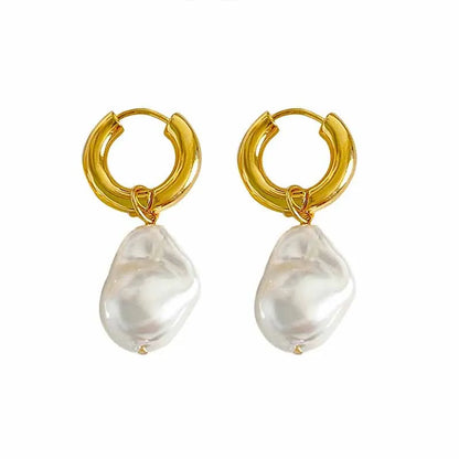 Elegant Gold Vintage Circle Drop Earrings with Baroque Pearl - Smarsty