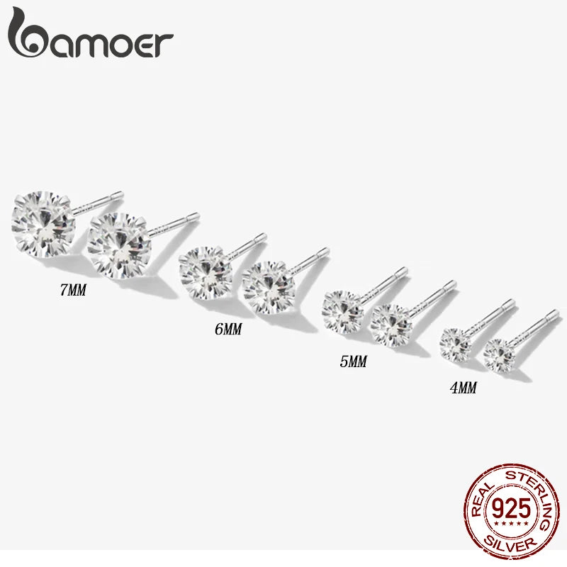 Bamoer CZ Stud Earrings 925 Sterling Silver Platinum Plated Round Cubic Zirconia Hypoallergenic Barbell Earrings 4-7mm - Smarsty