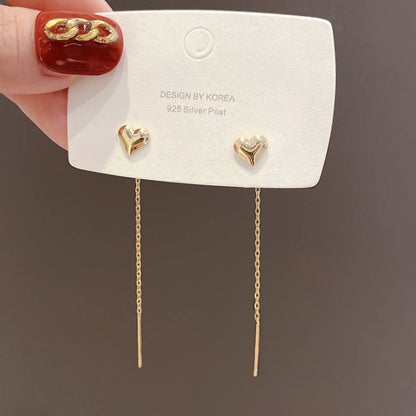 Gold Heart Tassel Earrings for Women in Korean Fashion Style - Smarsty