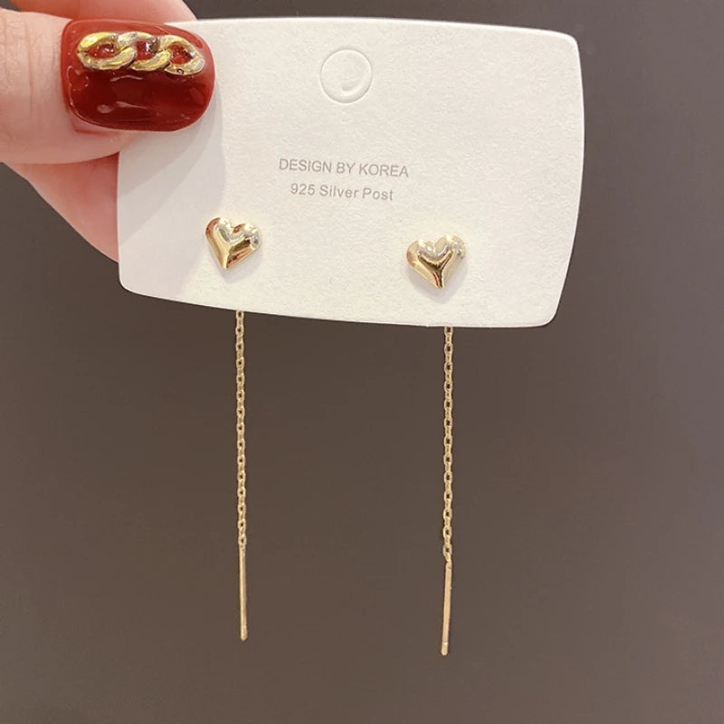 Gold Heart Tassel Earrings for Women in Korean Fashion Style - Smarsty
