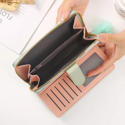 Women Long Wallet Pu Leather Card Holder Large Capacity Hasp Zipper Coin Purse Multi Card Organizer Cell Phone Wristlet Handbag - Smarsty