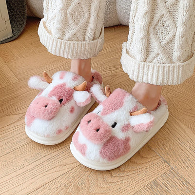 Casual Fluffy Slippers Women House Cute Cartoon Cow Designer Shoes Girl Flat Fashion Elegant Plush Winter Platform Footwear Home - Smarsty