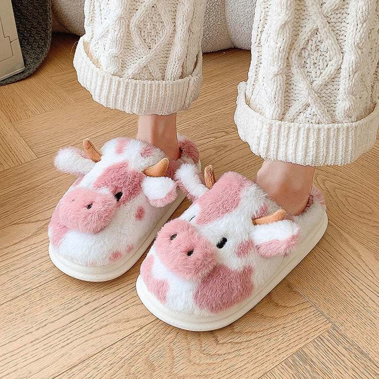 Casual Fluffy Slippers Women House Cute Cartoon Cow Designer Shoes Girl Flat Fashion Elegant Plush Winter Platform Footwear Home - Smarsty