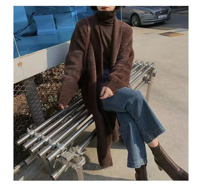white Long Cardigan for women 2025 new winter clothes Knitted fluffy long sleeve Cashmere sweater coat korean style warm vintage - Smarsty