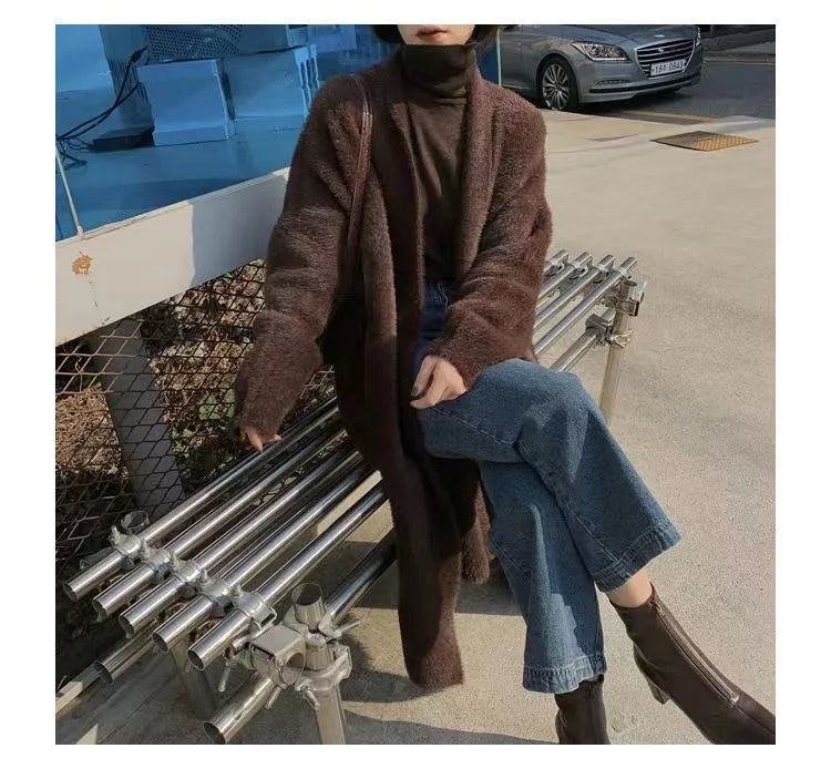 white Long Cardigan for women 2025 new winter clothes Knitted fluffy long sleeve Cashmere sweater coat korean style warm vintage - Smarsty
