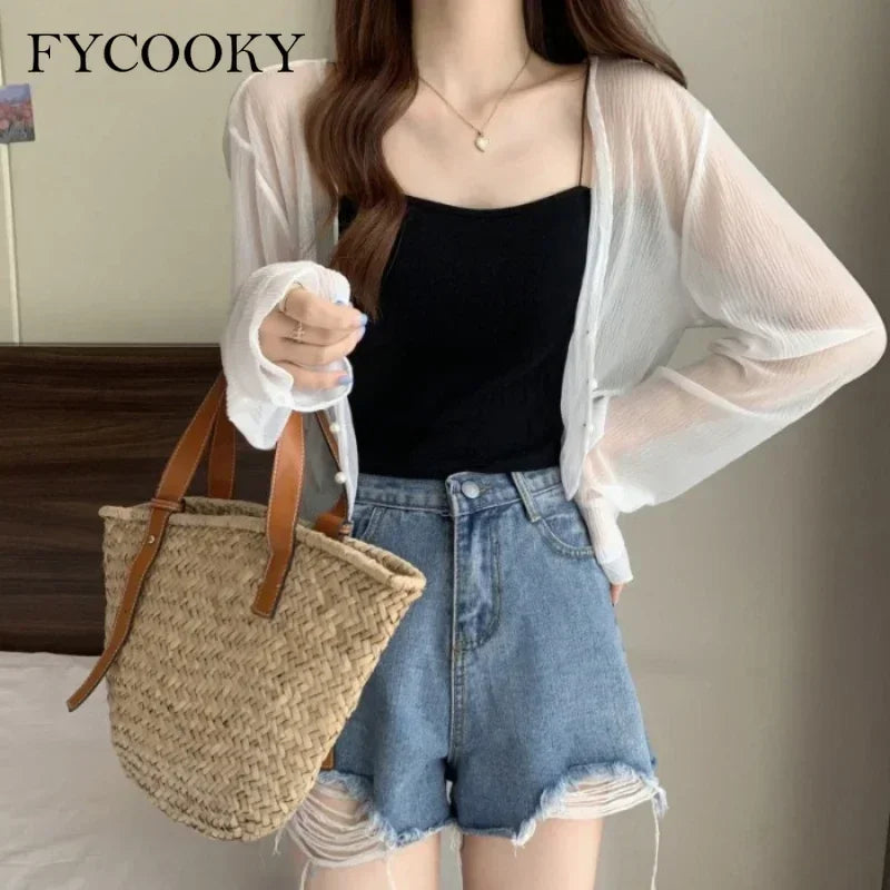 2025 Fairy Style Solid Cardigan Women Summer New Long Sleeve Sunscreen Sweet Beading V-neck Basics Loose Chiffon Cardigan - Smarsty