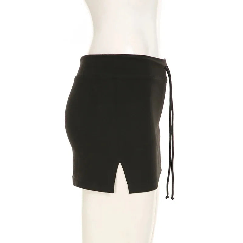 Solid Lace-up Mini Skirts Sexy American Retro Basic Vintage Casual Short Bottoms Basic Casual A-Line Knit Clothing - Smarsty