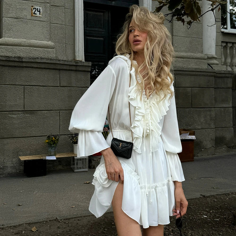 Talenza White Ruffle Bandage Mini Dress Women's Elegant Patchwork Long Sleeve Dress New Slim V Neck Lace Up Summer Mini Dress - Smarsty