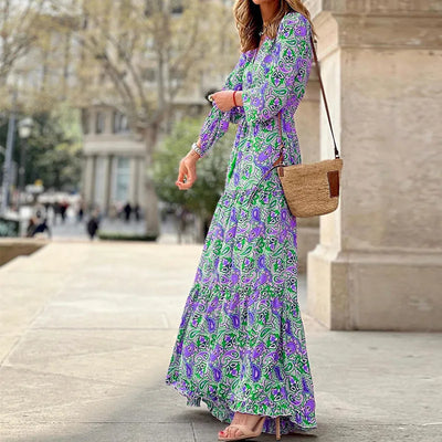 Women's Autumn New Fashionable Printed Sexy V-neck Long Sleeve High Waist Elastic Waist Medium Length Bohemian Dress - Smarsty