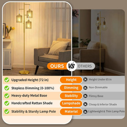 all Dimmable Rattan Floor Lamp with Beige Shade, Industrial Tree Design for Living Room, Bedroom, Office - Includes 3 LED Bulbs