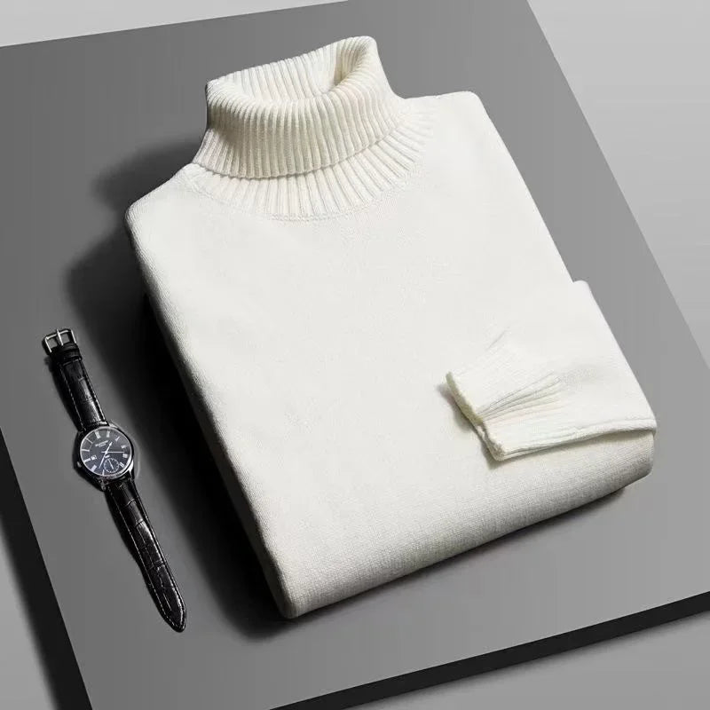 Autumn Mens High Quality Knitted Turtleneck Sweater Slim Fit Long Sleeve Anti-pilling Pullover Solid Color Trend Men Streetwea - Smarsty