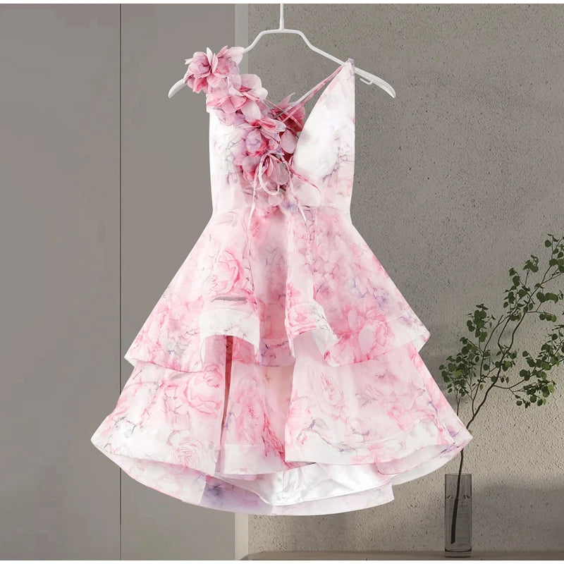 Backless Party Dress Women Elegant 3D Flower Print Sling Lace Up Ruffle A-line Mini Evening Dresses Female 2025 Summer Swimwears - Smarsty
