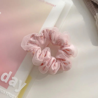 Double Layer Silk Hair Scrunchies Floral Soft Ponytail - Smarsty