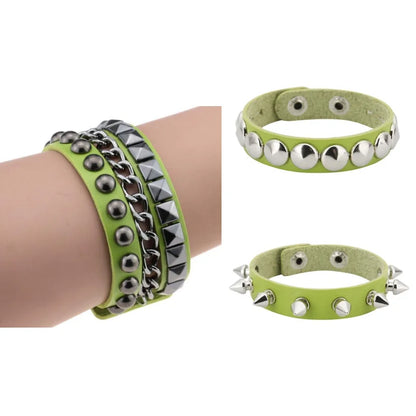 Black Goth Leather Bracelets Set with Spike Rivets - Smarsty
