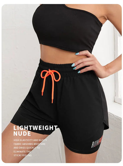 Women's High Rise Yoga Shorts With Elastic Proximity Control Running Shorts, Fake Two Pieces Pants - Smarsty