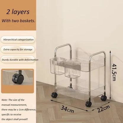 3/4 Layer Rolling Trolley Storage Rack Movable Trolley With Hanging Basket Bathroom Storage Makeup Snack Organizer Transparent