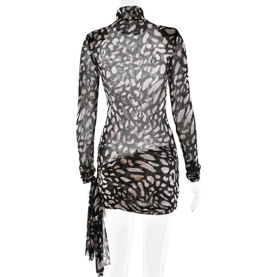 Fantoye Turtleneck Sexy Sheer Print Leopard Bandage Women Dress Long Sleeve Mini Dress Lady Spring Slim Elegant Party Club Dress - Smarsty