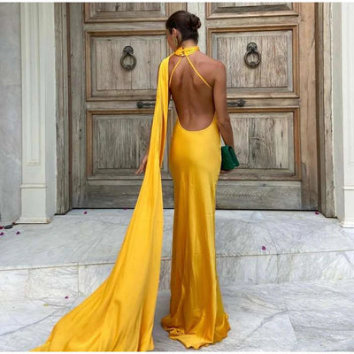 Sexy Satin Ribbon Party Dress Women Elegant Halter Backless Off Shoulder Sleeveless Female Dresses 2024 Summer Solid Robe Gown - Smarsty