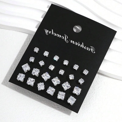 12 Pairs Zirconia Stud Earrings Gift Set Luxurious Shiny - Smarsty