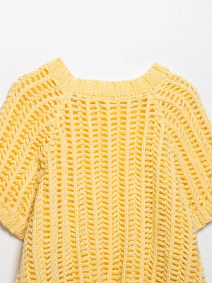 Hollow Out Knit Pullover Women Casual Round Neck Lace Up Bow Sweater Female Autumn Short Sleeves Solid Knitwears Lady - Smarsty