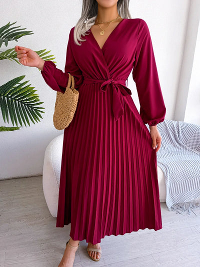 Women Elegant V Neck Long Sleeve Pleated Maxi Dress - Smarsty