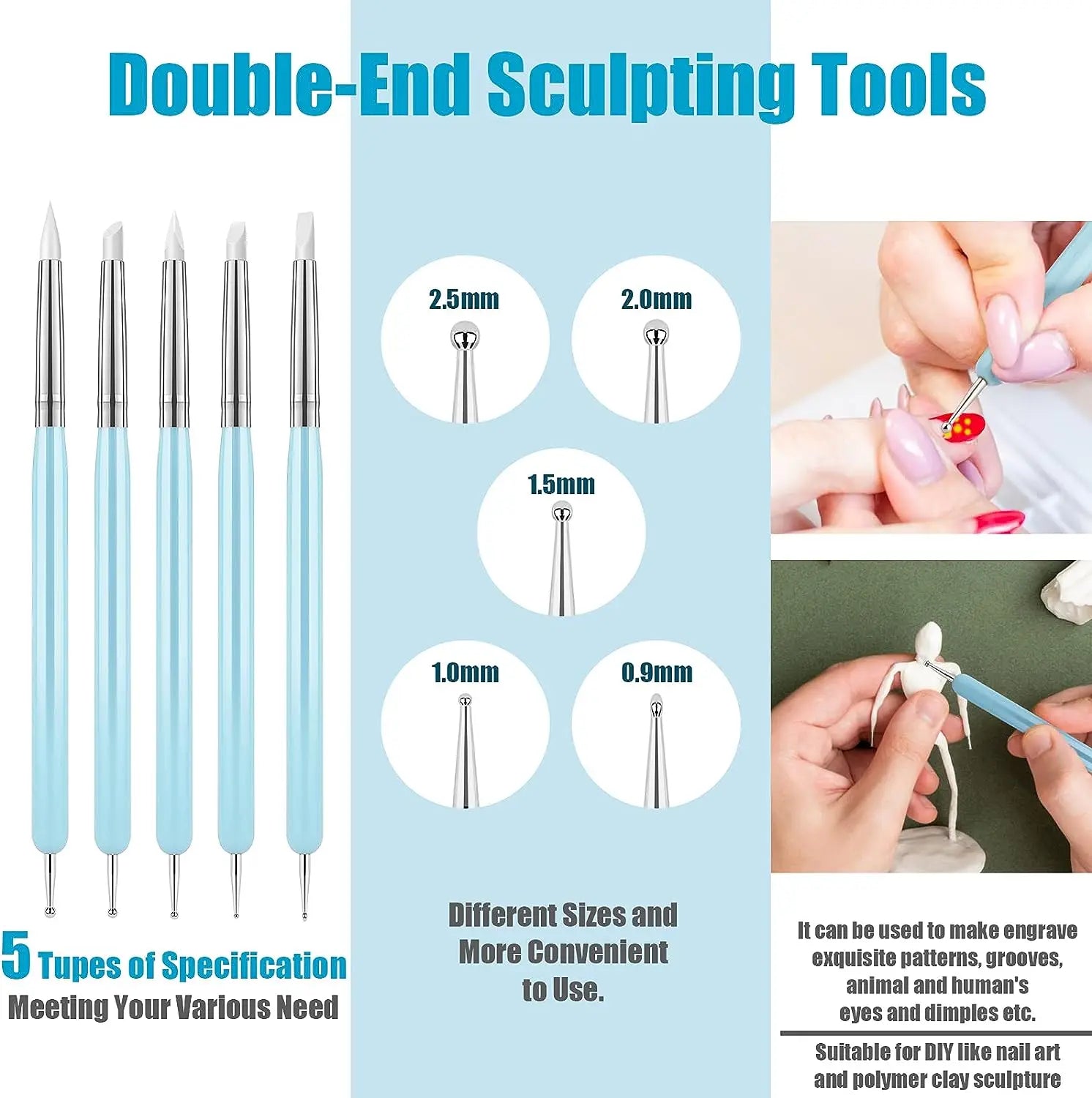 5Pcs Silicone Clay Sculpting Tool for Brush Modeling Dotting Nail Art Pottery Clay Tool DIY Carving Sculpting Tools Soft Head - Smarsty