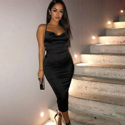 Neon Satin Lace Up Women's Long Midi Dress Light Pink Bodycon Backless Elegant Party Sexy Club Clothes 2022 Summer Dinner Outfit - Smarsty
