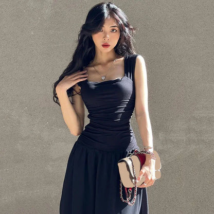 Black Wide Strap Maxi Dress for Women Summer Elegant Temperament High-Waist Party Long Dresses Sexy Ruched Bodycon Midi Dress