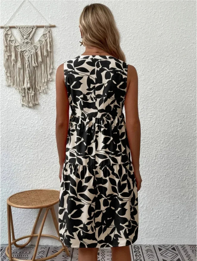 Women Boho Print Mini Dress Summer Elegant Sleeveless V Neck Ruffle A Line Tank Dress Casual Loose Oversize Beach Party Sundress - Smarsty