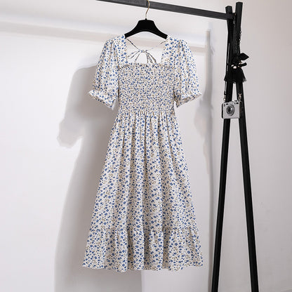Summer Pleated Women Chiffon Dresses Casual Beach Holiday Short Sleeve Square Collar Woman Midi Dress Bohemian Mujer Vestidos - Smarsty