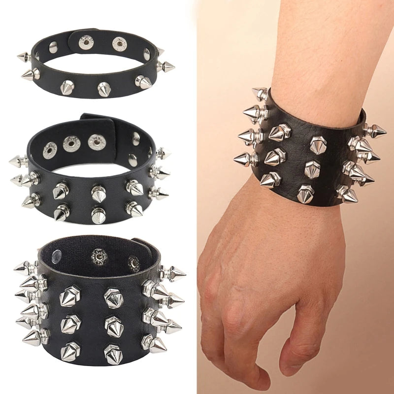 2024 Adjustable Black Pu Leather Spike Bracelet - Smarsty