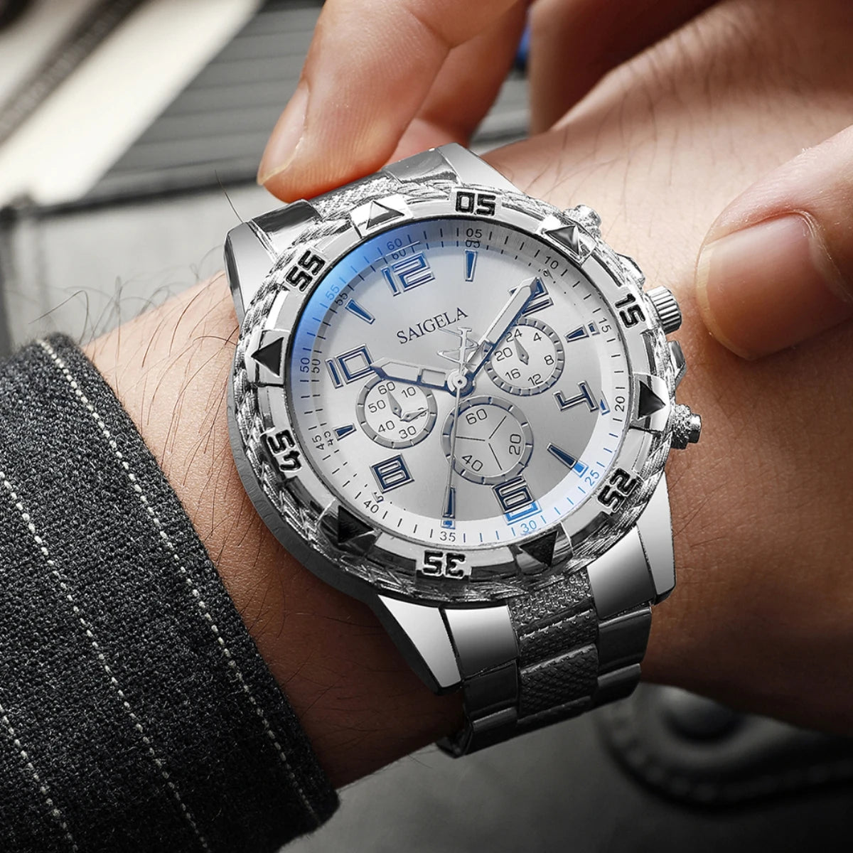 Men's Arabic Dial Quartz Watches Set with Steel Bands - Smarsty