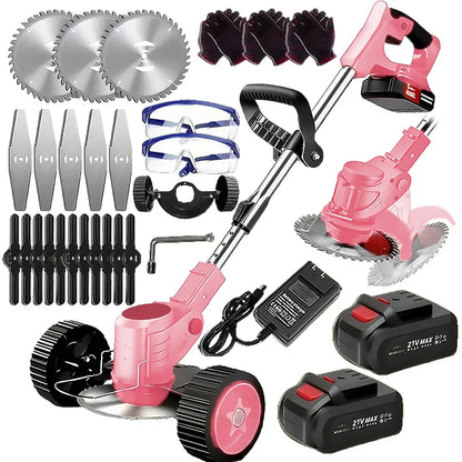 Wireless portable weed trimmer for lawn trimming. The trimmer is equipped with 2 lithium batteries and comes with replaceable bl