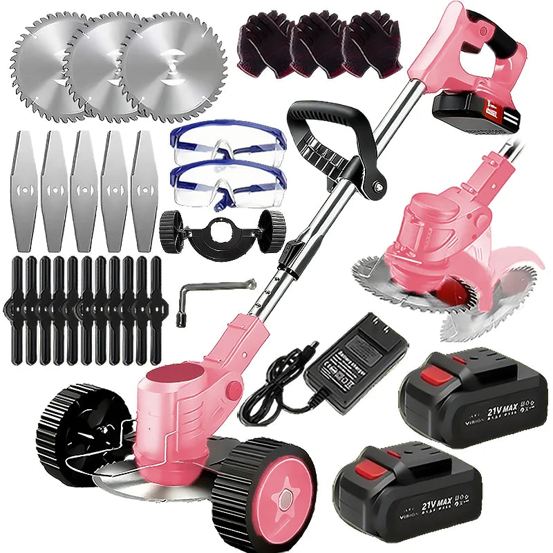 Wireless portable weed trimmer for lawn trimming. The trimmer is equipped with 2 lithium batteries and comes with replaceable bl