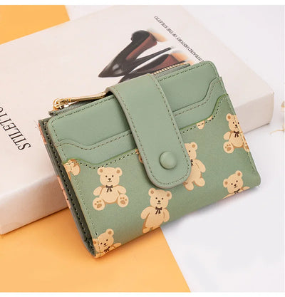 Women Short Wallets PU Leather Female Bifold Purses Cute Bear Card Holder Wallet for Girl Small Zipper Wallet with Coin Purse - Smarsty