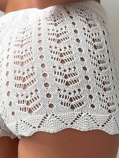 Polyester100.00% Hollow Drawstring Open Waist Knitted Bikini Blocked Women's Shorts - Smarsty