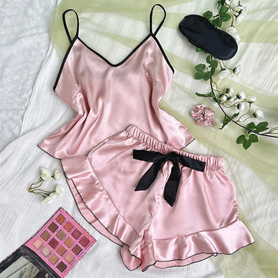 Women's Smooth Satin Pajamas V-Neck T-Shirt Ruffled Edges And Bow Shorts Simple And Breathable Pajama Set Sling Home Clothing - Smarsty